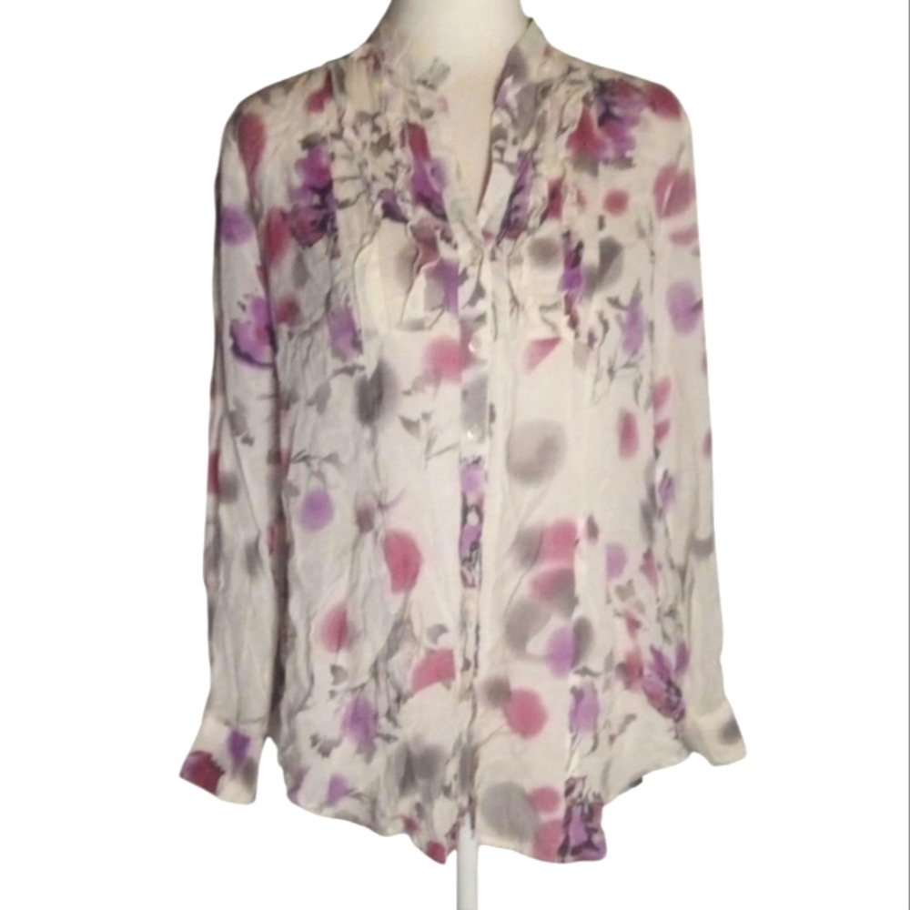 Dunnes Ruffle Neckline Abstract Floral Button Front Cotton Blouse Purple Size 14